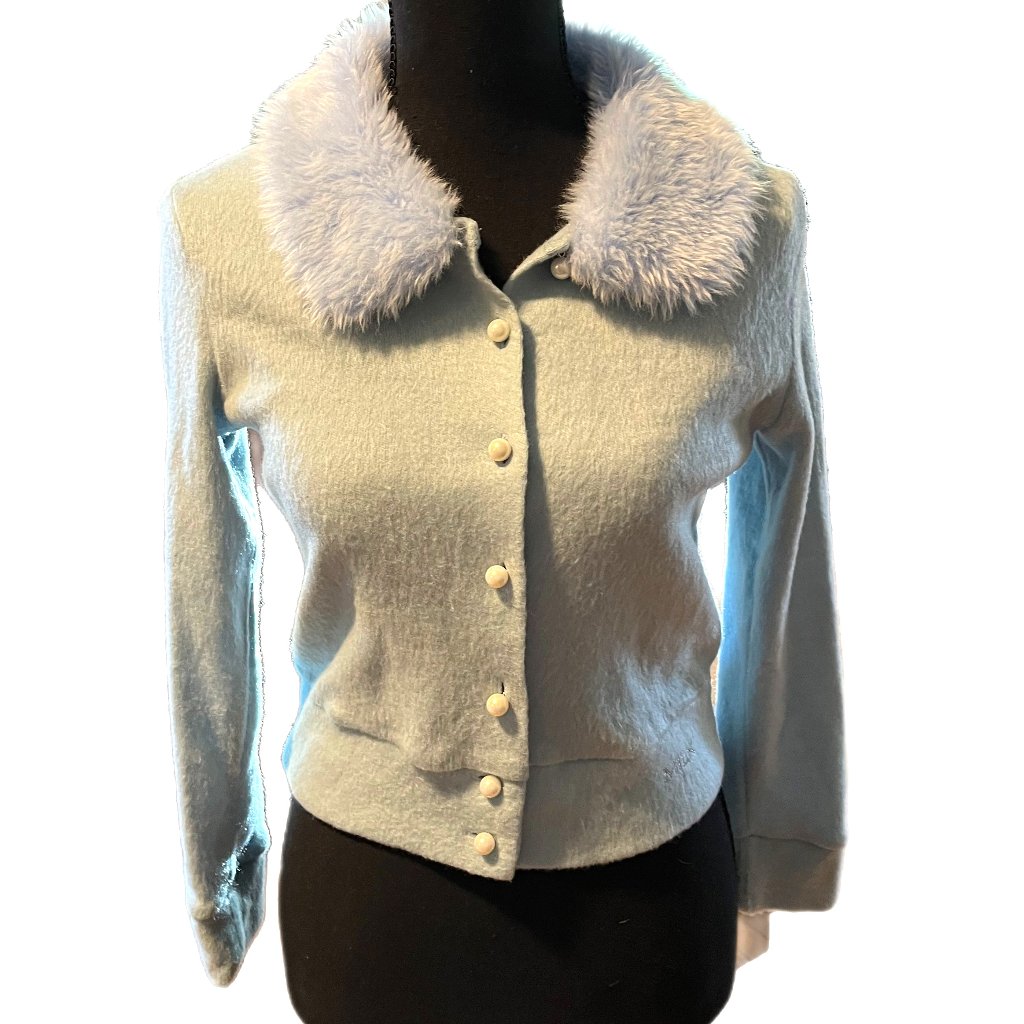 Soft Icy Blue Cardigan With Removable Faux Fur Collar